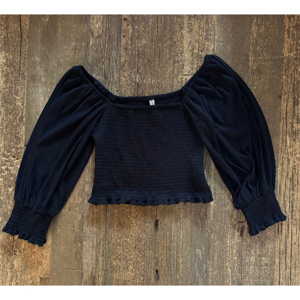 Anthropologie Black Smocked Puff-Sleeve Cropped Top Size S - Picture 7 of 10